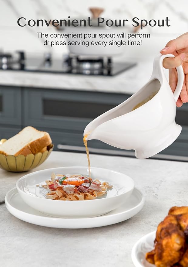 Nucookery Classic 17 Oz Gravy Boat with Warmer, White Fine Porcelain Saucier With Big Dripless Lip Spout, Bowl For Thanksgiving, Warming Sauces, Salad Dressings, Microwave & Freezer Safe(Set of 2)