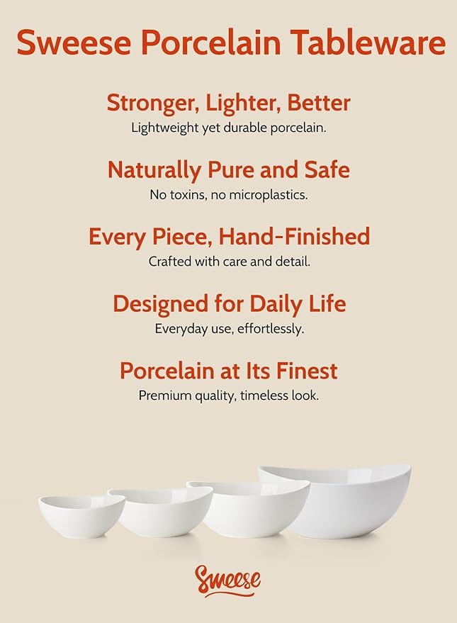 Sweese Porcelain Serving Bowls Set, 10-42 oz, Versatile for Salad, Soup, Snacks, Microwave Dishwasher Safe, White