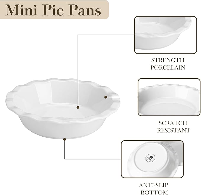 MALACASA Ceramic Mini Pie Pans Set of 6, 6 Inch Pie Plates for Baking with Ruffled Edge, Small Quiche Baking Dish Pans Tart Pans, Individual Pot Pie Plates, Microwave & Oven Safe, White