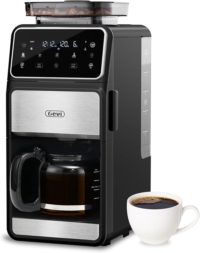 Gevi 10 Cup Drip Coffee Maker with Built-in Grinder, Grind & Brew Burr Combo Coffee Machine with Touch Screen, Programmable, 4-Hour Warm Plate, Permanent Filter, Coffee Carafe