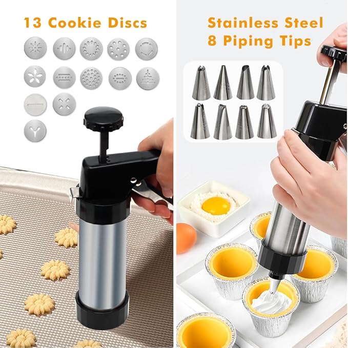 Stainless Steel Cookies Press, Cookies Press for Baking,Cookie Press Gun Kit with 13 Cookie Discs and 8 Piping Tips for DIY cake Maker Decorating Baking Supplies