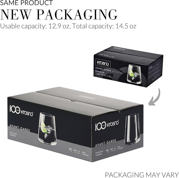 KROSNO Water Juice Drinking Glasses, Set of 6, 12.9 oz, Avant-Garde Collection, Crystal Glass, Lightweight Everyday Drinking Glasses, Multi-Purpose, Dishwasher Safe, Made in Europe