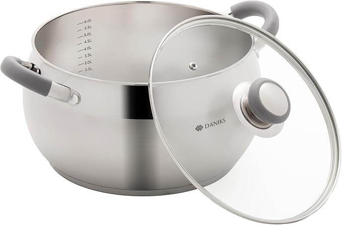 Daniks Modern Stainless Steel Stock Pot with Glass Lid – Induction 7 Quart, Dishwasher Safe, Heatproof Handles, For Soup, Pasta, Stew, Silver
