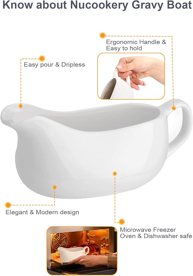Nucookery Large 17 Oz Gravy Boat with Ergonomic Handle, White Fine Porcelain Saucier with Big Dripless Lip Spout, Bowl For Thanksgiving, Warming Sauces, Salad Dressings, Milk, Microwave & Freezer Safe