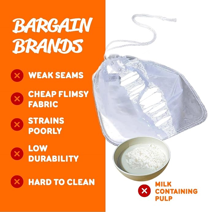 Pro Quality Nut Milk Bag - 5 XL12"X12" Bags - Commercial Grade Reusable All Purpose Food Strainer - Food Grade BPA-Free - Ultra Strong Fine Nylon Mesh - Almond Milk, Juices, Cold Brew Recipes Videos