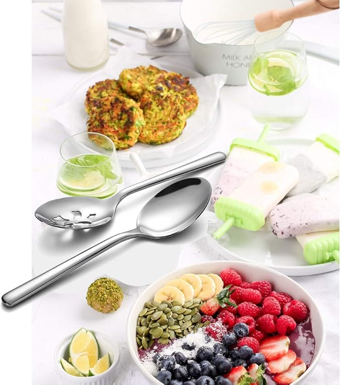 Serving Spoons*2 Slot Spoons* 2 Forks *2 Buffet Colander Stainless Steel Banquet Set, Set of 6. Lenght 9" (6-spoon forks set)