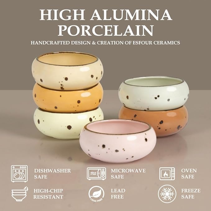 Small Hand Craft Dessert Bowls - 12oz, Set of 6 - Microwave, Oven, Dishwasher Safe, Ice Cream, Soup, Snacks, Rice, Cereal, Chili, Side Dishes Dips, Ideal Gift - Blossom Assorted Colors