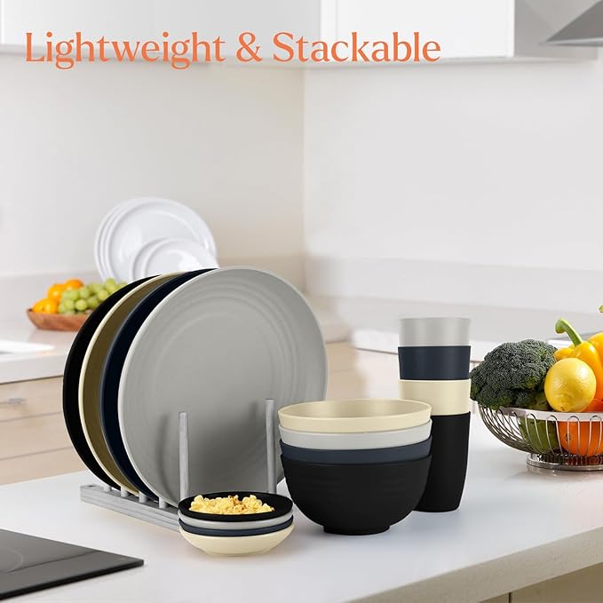 Wheat straw plates and bowls sets of 16 - Unbreakable wheat straw dinnerware sets for camping - Dishwasher safe and Freezer safe Dishes. Black & Grey