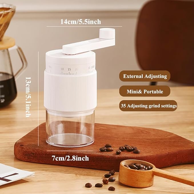 Portable Manual Coffee Grinder with 35 Adjustable Settings,Hand Coffee Bean Mill with 30g Capacity & Crank for Espresso, Pour Over, French Press, Travel (White)