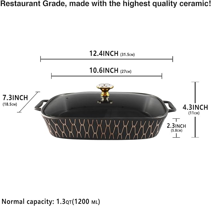10" x 7" Ceramic Rectangular Casserole Dish with Glass Lid, 1.3 Quart Serving Soup Tureen,Chafing Dish for Buffet, Family Food preserve Tray, Catering for Party Style, Black