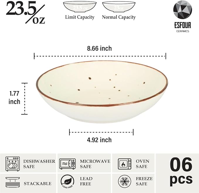 Esfour 8 Inch Porcelain Pasta Bowl, 16 Ounces Salad Bowls, Microwave & Dishwasher Safe, Sturdy & Stackable, Set of 6 Ceramic bowls Plates Set, Wide Shallow salad Bowls Set, Classic Assorted Colors