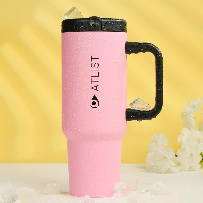 100% Leakproof 40 oz Tumbler with Handle & 4-in-1 SipSwig Lid, Built-In Flip Straw & External Stainless Steel Straw, Insulated Stainless Steel Cup, BPA-Free, Pink & Black