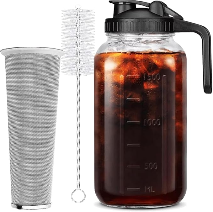 64 oz (2 Quart), Black Cold Brew Coffee Maker, Iced Tea Machines, Thick Glass with Pour Spout Handle Lid, Stainless Steel Filter for Iced Coffee, Fruit Drinks or Sun Tea (1)