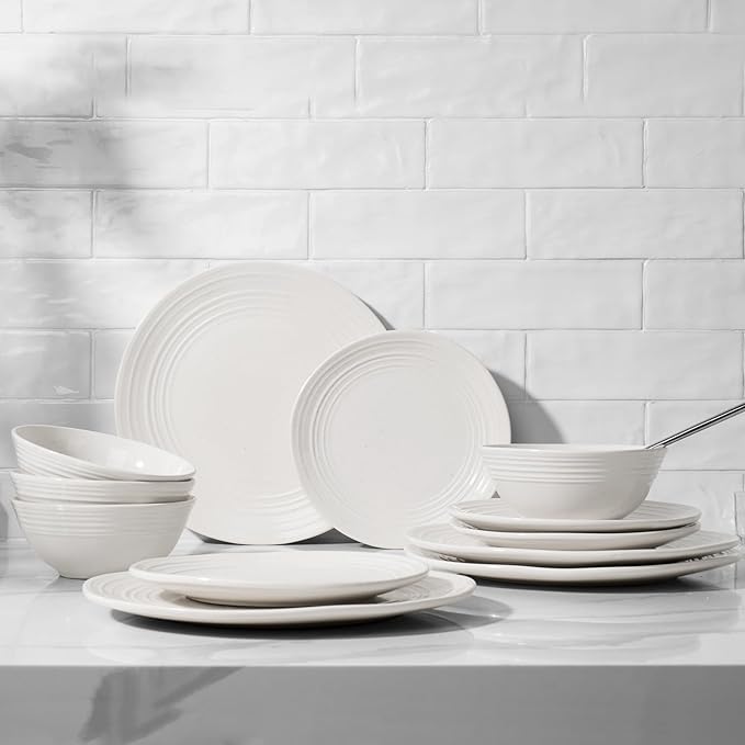 Famiware Plates and Bowls Sets 12-Piece Stoneware Dinnerware Sets, Dishes Set for 4, Speckled Hand-made Reactive Glaze Dish Set, Twilight Series, White