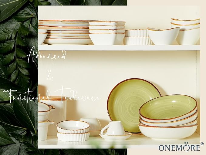 ONEMORE 30 Ounce Large Porcelain Salad Pasta Bowls, Ceramic Dinner Serving Bowls for Soup, Dessert, Fruit. Microwave & Dishwasher Safe, Green Shallow Pasta Bowls, Kitchen Dinnerware, Modern Style