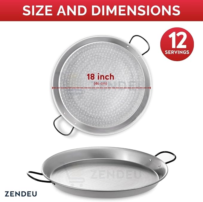 Paella Pan 18 inch - Carbon Steel Paella Pan, Made in Spain - Polished Steel, 18 in - 46 cm (12 Servings) Cook your own Spanish Paella