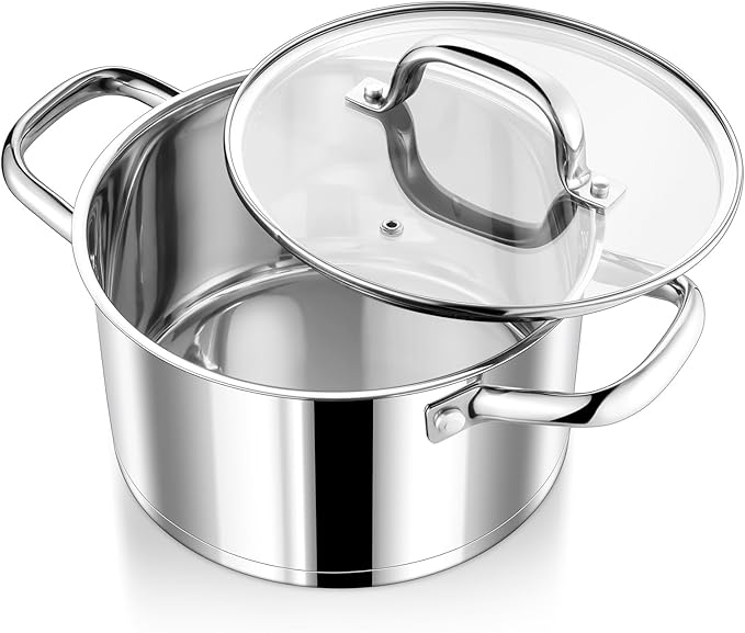 P&P CHEF 4 Quarts Cooking Stock Pot with Lid, Stainless Steel Stockpot Induction Pot for Soup, Tri-Ply Bottom & Clear Glass Lid & Double Handle, Dishwasher Safe