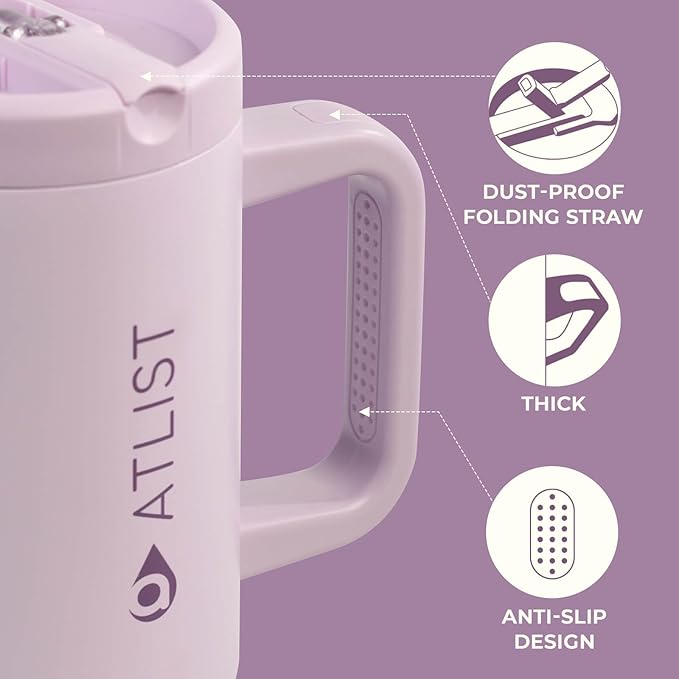 100% Leakproof 40 oz Tumbler with Handle & 4-in-1 SipSwig Lid, Built-In Flip Straw & External Stainless Steel Straw, Insulated Stainless Steel Cup, BPA-Free, Purple