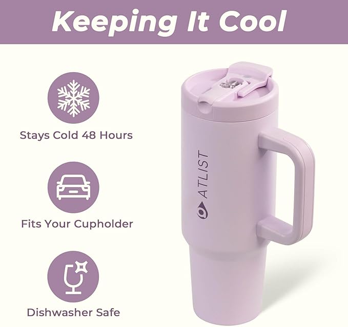 100% Leakproof 40 oz Tumbler with Handle & 4-in-1 SipSwig Lid, Built-In Flip Straw & External Stainless Steel Straw, Insulated Stainless Steel Cup, BPA-Free, Purple