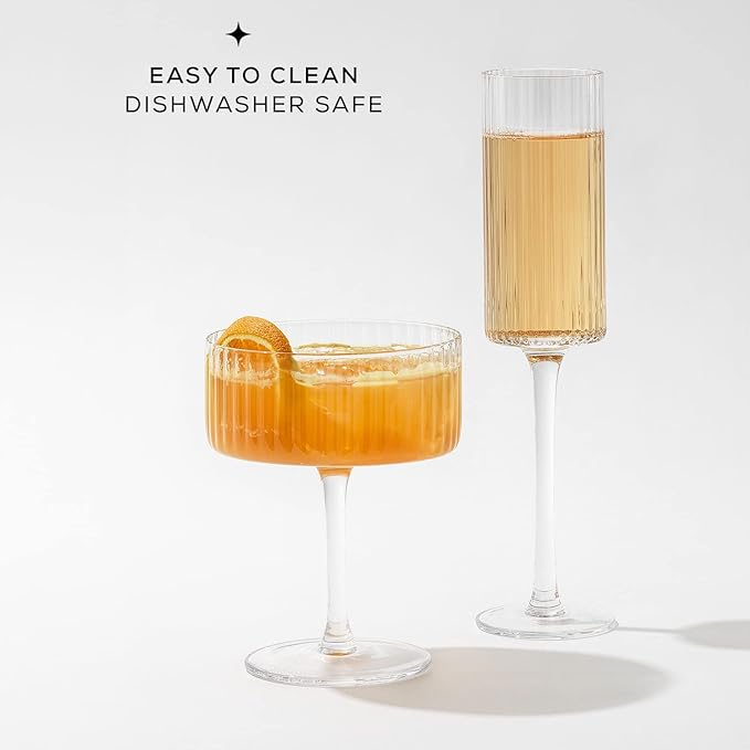 JoyJolt Elle 5.7oz Champagne Glasses, Fluted Glass Flute Set of 2, Vintage Style Unique Drinking Cocktail and Mimosa Glasses, Wedding Champagne Flutes