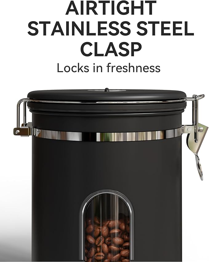 Veken Coffee Canister with Window, Airtight Stainless Steel Kitchen Food Storage Container with Date Tracker and Scoop for Grounds Coffee, Beans, Tea, Flour, Cereal, Sugar, 38&16OZ,Black