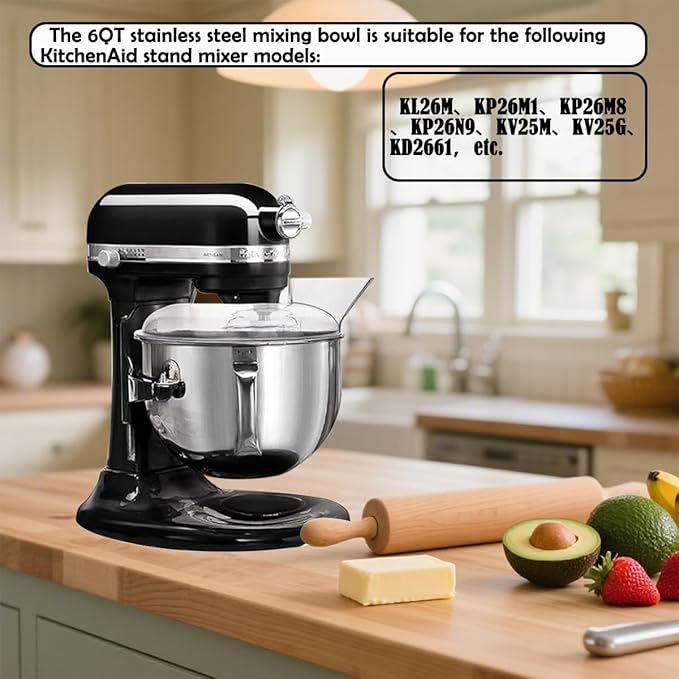 6Quart Stainless Steel Mixer Bowl with Handle for Kitchenaid Stand Mixers and Pouring Shield(Splash Guard) for Kitchenaid Stand Mixers