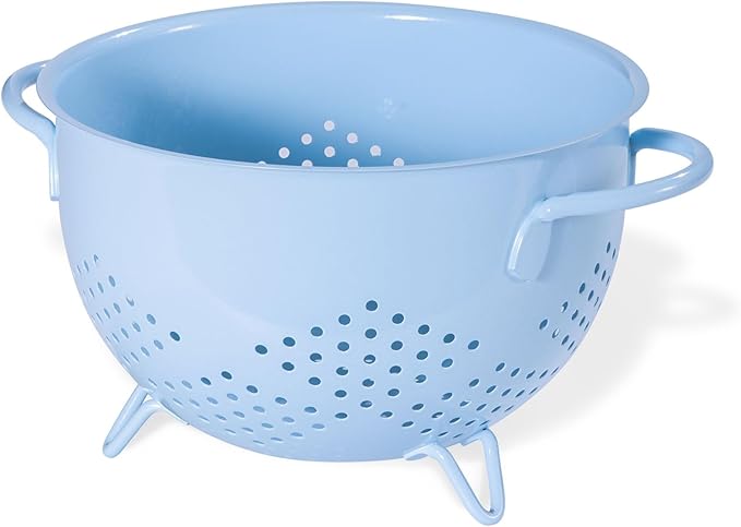 Metal Colander 5 Quart Powder Coated Self-draining Metal Strainer with Base,Kitchen Pasta Fruit Vegetable Basket with Double Handles,blue