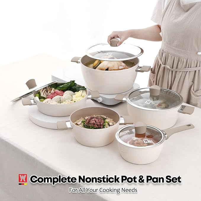 Aluminum Stock Pot with 7-Layered Ceramic Coating, Non-Stick Surface, Tempered Glass Lid, Dual Heat-Resistant Handles, PFOA, PFAS, Lead, Cadmium Free, All Cooktops 5.34L / 5.64Quarts