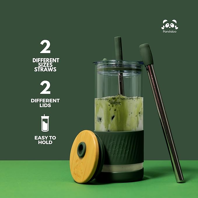 Pandaloo® Glass Cups With Lids and Straws -20 Fl Oz- Perfect Size Iced Coffee Cup - Smoothie Cup With Bamboo Lid and On the go Lid (Creamy Mushroom, 1 Count (Pack of 1)