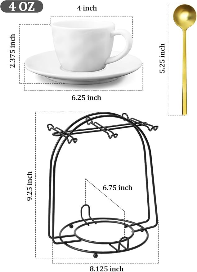 Yedio 4 oz Espresso Cups with Saucers and Metal Stand, Spoons, Porcelain Stackable Coffee Cups, Demitasse Cups, Perfect for Single or Double Espresso, Cappuccino, Latte and Tea - Set of 6, White
