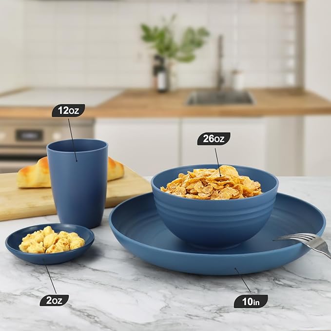 Wheat straw plates and bowls sets of 16 - Unbreakable wheat straw dinnerware sets for camping - Alternative plastic dinnerware set service for 4 - Microwave safe and Dishwasher safe bowls. Blue