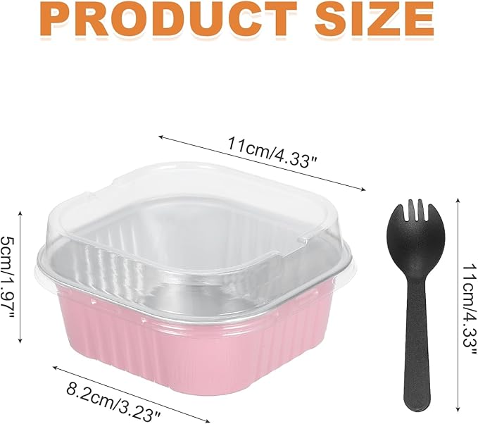 HARFINGTON 40Pack 10oz Disposable Mini Cake Pans with Lids and Spoons Pink Aluminum Foil Square Baking Cupcake Dessert Cups Tin for Birthday Party