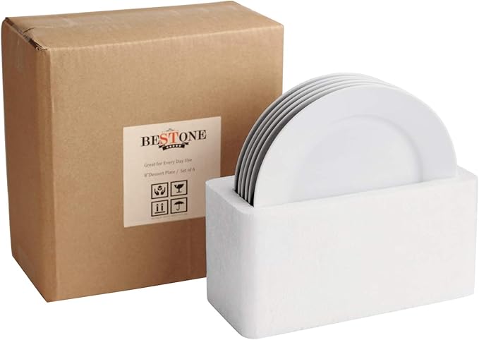 bestone 8 Inch Porcelain White Salad Plates Set, Porcelain Dessert/Salad Plate,Classic Round with Wide Rim, Lead-Free,Dishwasher, Microwave, Freezer, Oven Safe, for Everyday Use-Set of 6