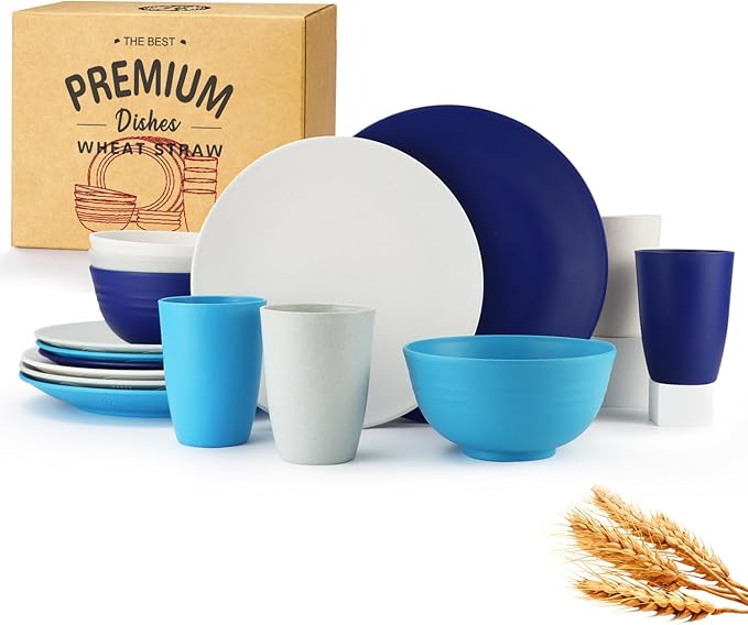 Homienly Dinnerware Sets Plates and Bowls Sets Wheat Straw Dish Set Service for 4 Alternative to Plastic Plates Cups Lightweight & Unbreakable Dishes Set for Kitche Outdoor Camping 16 PCS-Island