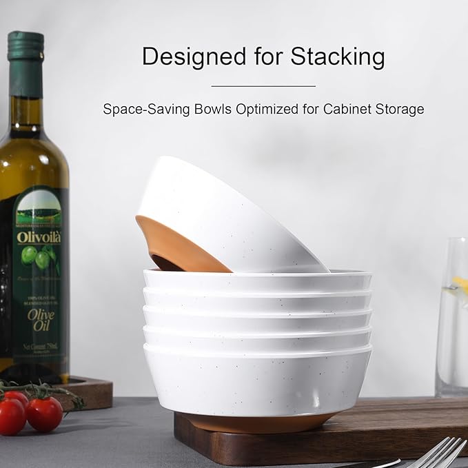 Webbylee 6-inch Melamine Bowls set of 6-20-ounce Dinnerware Cereal Bowls for Soup, Salad & Dessert | Dishwasher Safe & Space Saving (White/Brown)