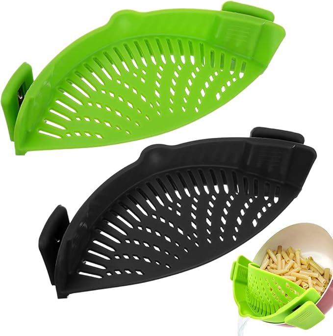 2 PACK Clip on Strainer for Pots Pan Pasta Strainer, Silicone Food Strainer Hands-Free Pan Strainer, Clip-on Kitchen trainer for Spaghetti, Pasta, Ground Beef Fits All Bowls and Pots