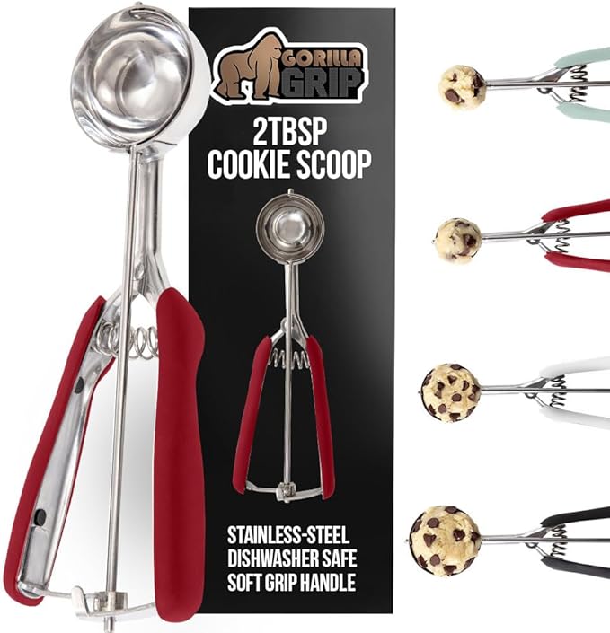 GORILLA GRIP Stainless Steel Cookie Scoop for Baking, 2 TBSP, Multipurpose Melon Baller, Meatball Spring Scoops, Perfect Portion Sizes, Easy Food Release, Scooper Size 40, BPA-Free Kitchen Tool, Red