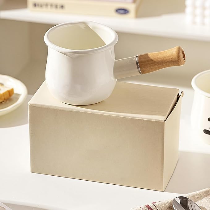Enamel Milk Pot, Small Saucepan Milk Pot Butter Warmer 4 Inch 17 Oz Enamel Small Sauce Pan with Wooden Handle, Perfect Size for Heating Smaller Liquid Portions. (White)