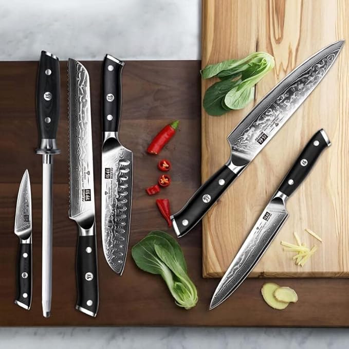 SHAN ZU Damascus Kitchen Knife Set, 7-Piece Professional Knife Sets for Chefs, Japanese Super Steel Damascus Kitchen Knife Set With G10 Handle Knife Block Set