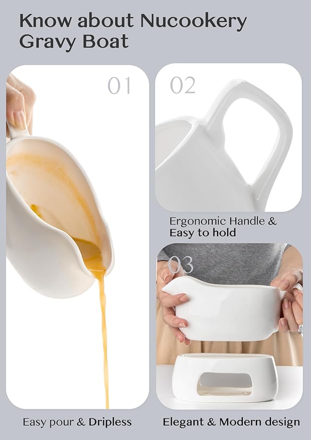 Nucookery Large 18 Oz Gravy Boat with Warmer, White Fine Porcelain Saucier with Big Dripless Lip Spout, Gravy Bowl For Thanksgiving, Warming Sauces, Salad Dressings, Microwave & Freezer Safe(Modern)
