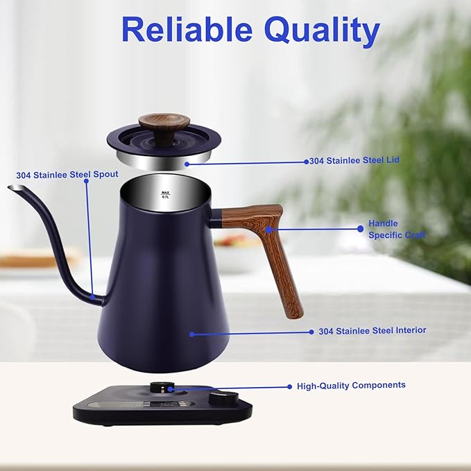 Gooseneck Electric Kettle - 1200W Quick Boil, Temp Control with 5 Presets & ±5℉ Adjustment, Accurate Pouring, 24oz Small Pour Over Coffee & Tea Kettle, 2H Auto Keep Warm, Stainless Steel, Blue
