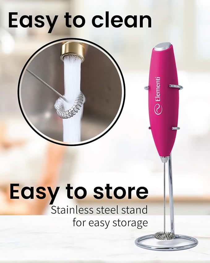 Elementi Electric Milk Frother with Stand - Drink Mixer Handheld Stirrer - Coffee Whisk - Pink Coffee Maker - Espumador de Leche - Hand Frother with Stand (Hot Pink)