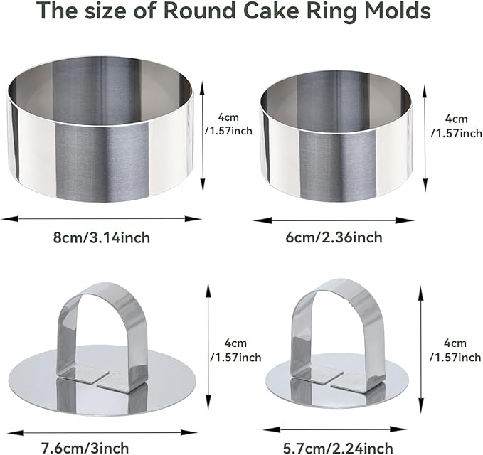 Uncle Jack 4 Pieces Round Cake Ring Molds, Stainless Steel Cake Ring Mold with Pusher, for Kitchen Tools, Baking Pastry, Mousse (Include 4 Rings and 2 Pushers)