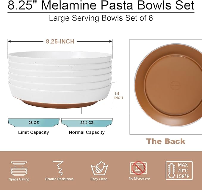 Webbylee 8.25" Melamine Deep Plates Set of 6-28oz Melamine Large Salad Bows,Serving Bowls for Cereal, Fruit, Soup,Deep Enough for Kitchen and Dining White/Brown