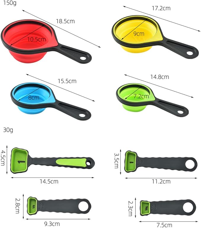 CdyBox New Version 11Pack Silicone Kitchen Strainer Collapsible Colander with Foldable Silicone Measuring Spoon Measuring Cup Kitchen Good Tools (Green) 9.6 * 1.1