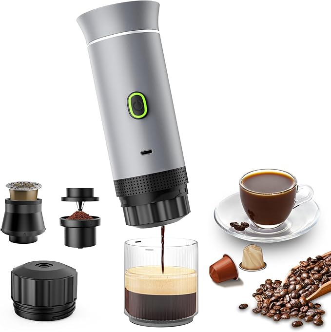 3-in-1 Portable Espresso Maker, Travel Coffee Maker, Self-Heating Car Coffee Maker with USB-C, Small Espresso Machine with Ground Coffee & Capsules (NS&DG) for RV, Hiking, Office (silver)