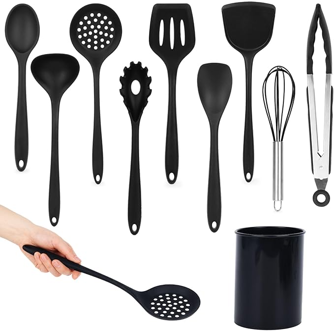HANSGO Silicone Cooking Utensils Set - 446°F Heat Resistant Kitchen Utensils Set, 10PCS Kitchen Gadgets with Hanging Hole for Nonstick Cookware, Dishwasher Safe, Black