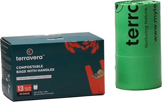 13 Gallon Compostable Trash Bags - Handle Tie | Extra Thick 1 mil|BPI & OK Home Certified ASTM D6400 Standards | Food Scraps, Kitchen Trash, Home & Yard Waste Bags | 30 Count compost bags