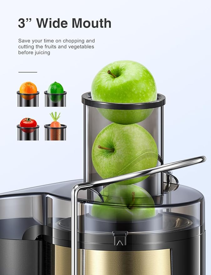 QCen Juicer Machine, 500W Centrifugal Juicer Extractor with Wide Mouth 3” Feed Chute for Fruit Vegetable, Easy to Clean, Stainless Steel, BPA-free (Gold)