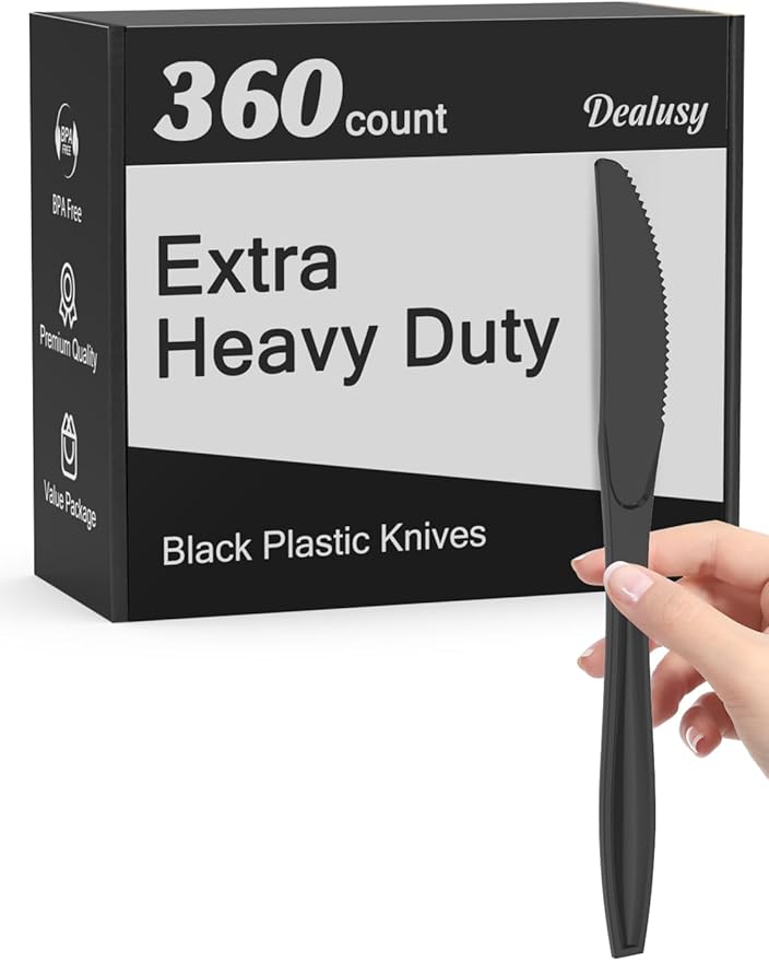 360 Count Extra Heavy Duty Black Plastic Knives Disposable, BPA-Free, Heat Resistant, Solid and Durable Disposable Knives Bulk, Premium Plastic Knives heavy duty for Party Supply